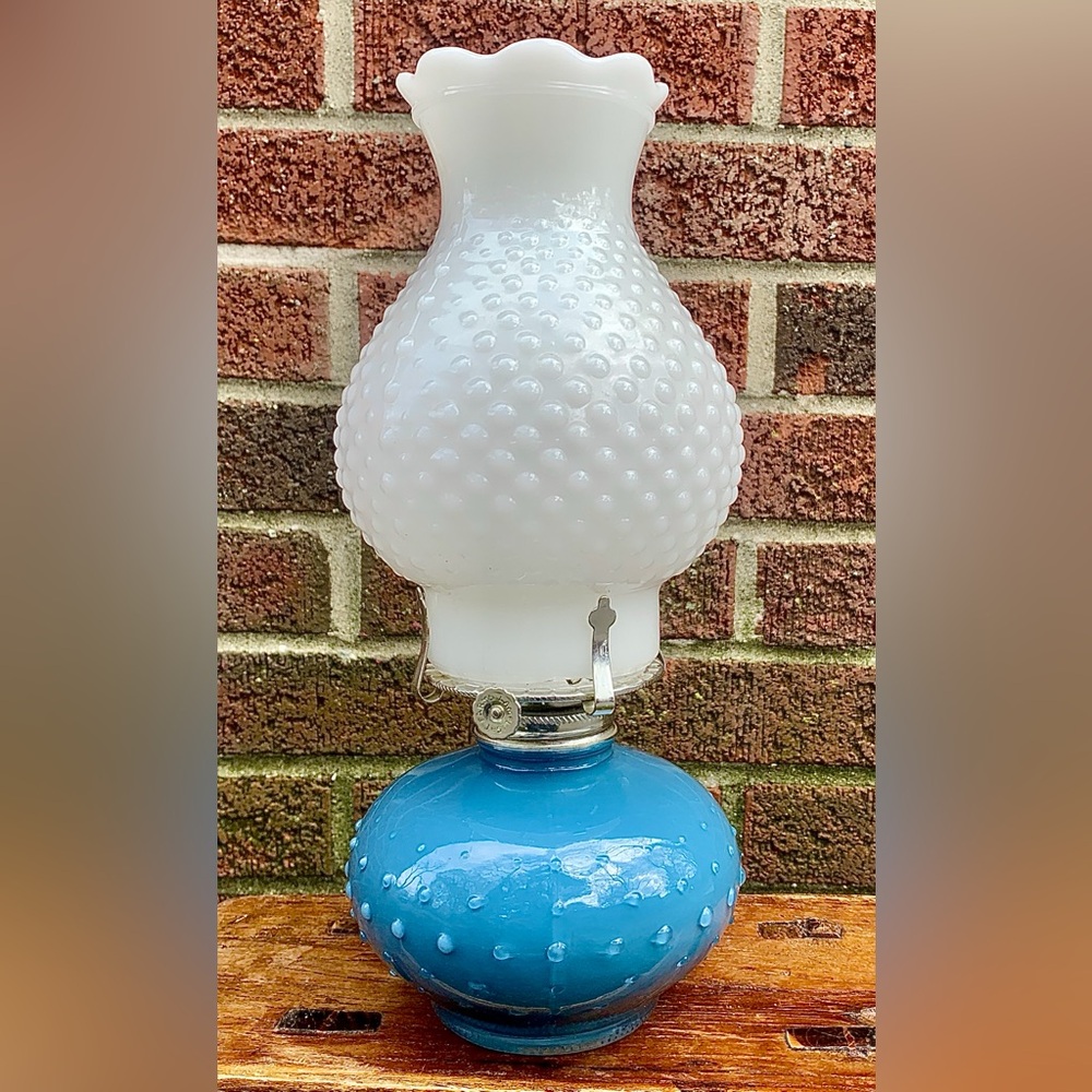 Vintage Blue White Hobnail Milk Glass Kerosene Lantern Oil Lamp